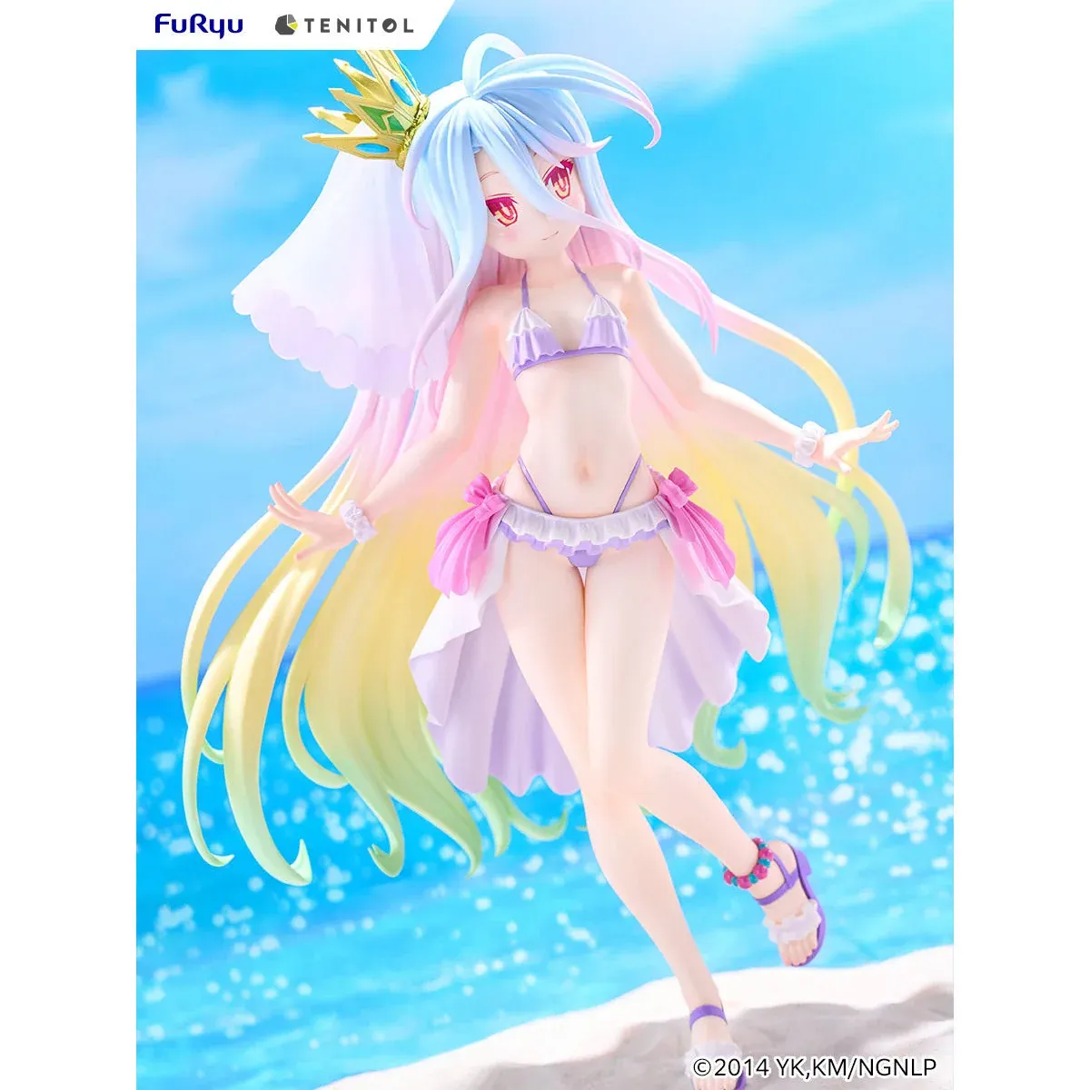 "Dynamic Shiro No Game No Life figure in a vibrant swimsuit dress, showcasing her playful charm from various angles and intricate FURYU Studio."