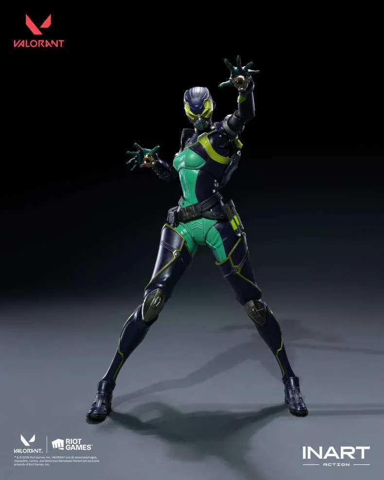 "Valorant Viper premium action figure by INART Action Studio, highly articulated with extensive accessories, captured in a dynamic pose."