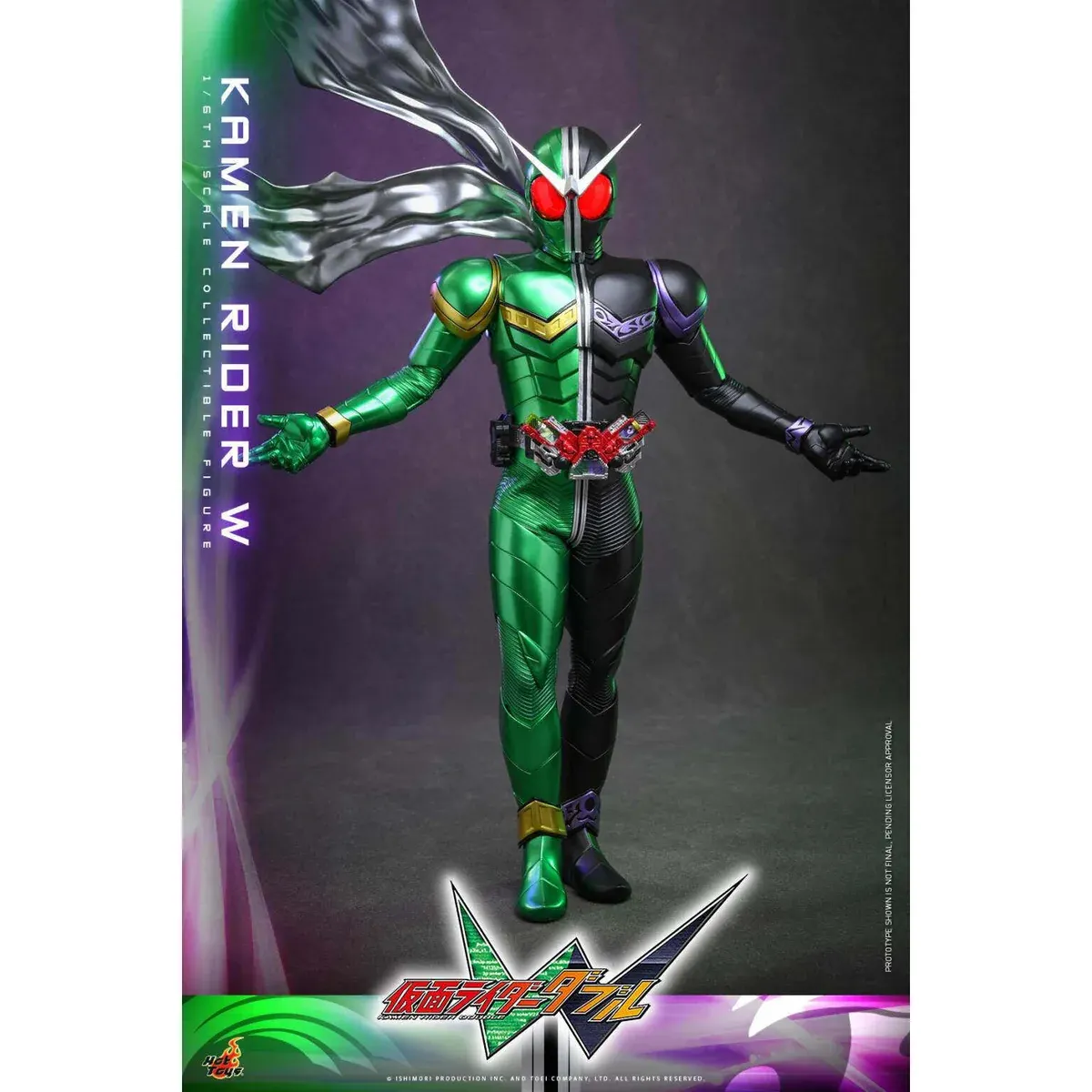 "Hot Toys Kamen Rider W 1/6 scale statue with glowing LED eyes, showcasing intricate suit details and 30 points articulation."