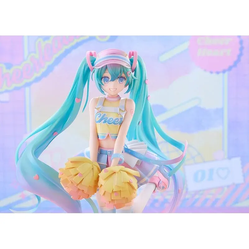 "Dynamic Hatsune Miku Cheerleader figure by GSC. Vibrant Vocaloid statue with energetic pose and premium sculpt details, radiating spirited support."