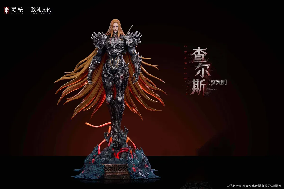 "Ling Cage Charles 1/4 & 1/6 Resin Statue: Dynamic, epic-scale Charles, intricately detailed, defiantly posed against a dark sci-fi abyss."