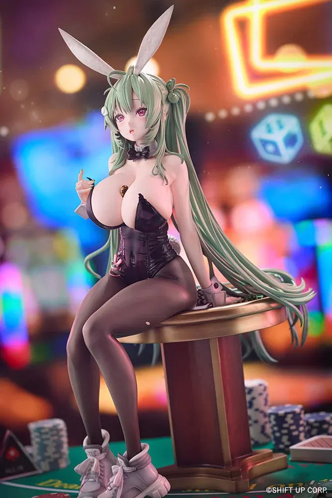 Kotobukiya NIKKE Soda figure statue in a bunny suit with green twin-tails, seated on a poker table amid dazzling neon casino lights.