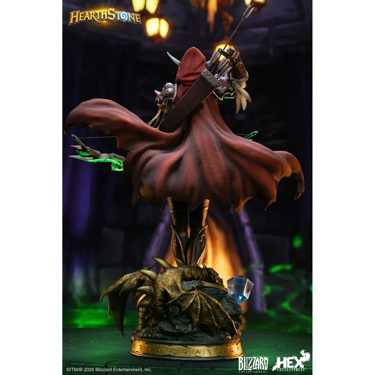 "Premium Sylvanas Windrunner LED statue gallery, showcasing intricate details, dynamic pose, and stunning ethereal LED and UV reactive lighting effect."