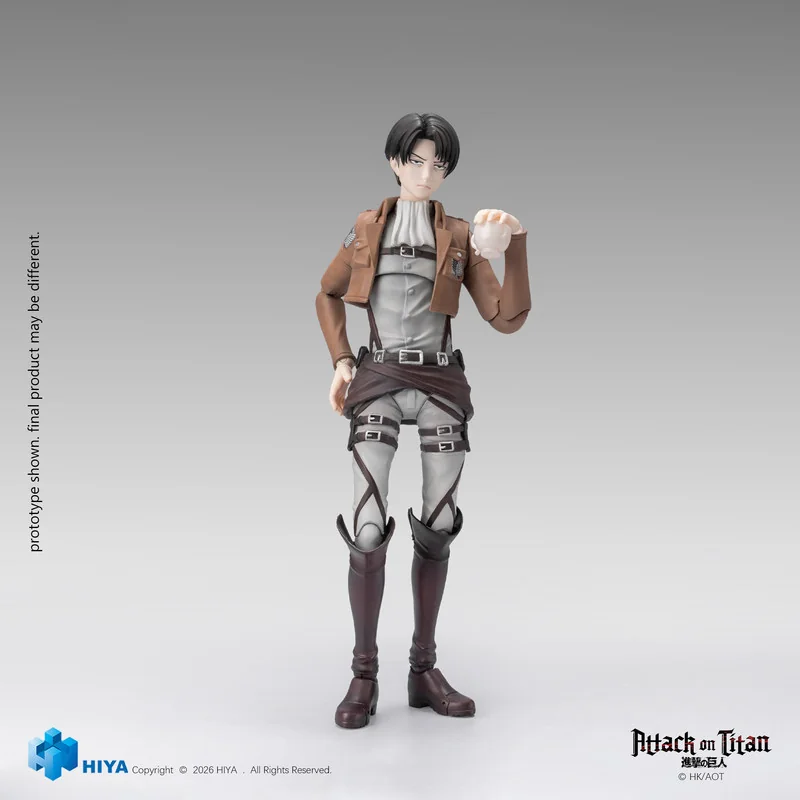 HIYA Studio 1/12 super-articulated Levi Ackerman figure in Survey Corps uniform and ODM gear, poised in a combat stance.