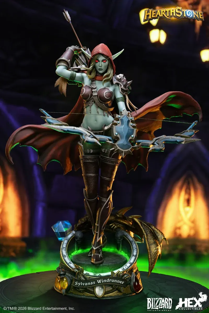"Premium 1/6 Sylvanas Windrunner statue showcasing her dark fantasy warrior form with dynamic LED and UV reactive lighting."
