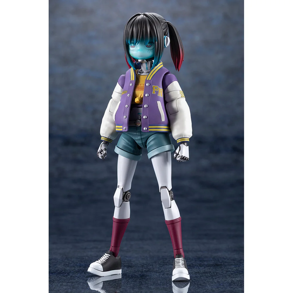 "Dynamic Makina Model Kit by Kotobukiya: playful mecha-girl statue with intricate details and futuristic weapon, ideal for custom display."