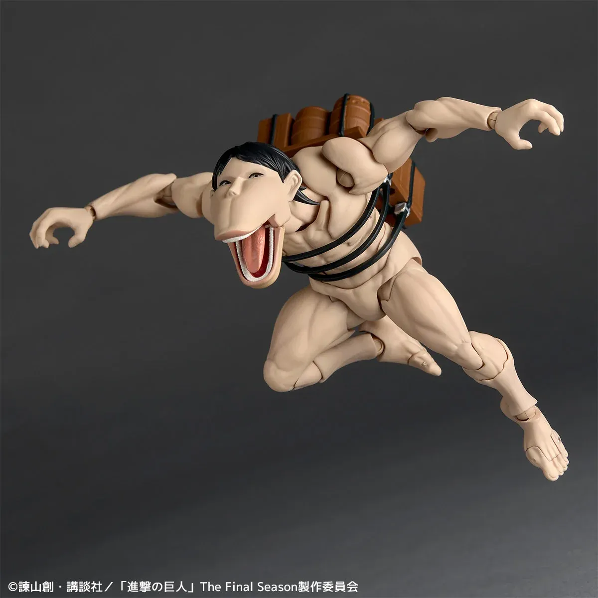 "Dynamic Cart Titan hyper-articulated action figure, a premium Attack on Titan collectible by Kaiyodo Studio, capturing its menacing quadrupedal form."