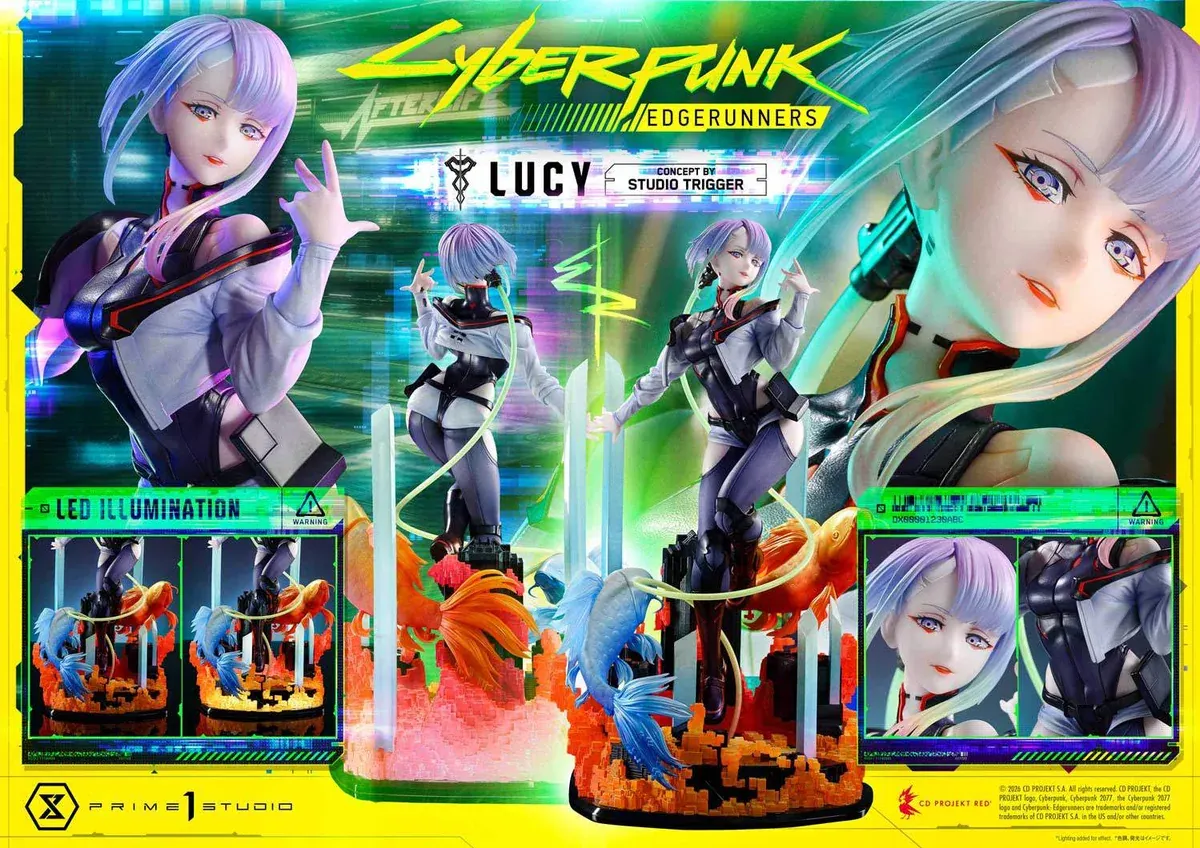 Lucy Cyberpunk Edgerunners statue by Prime 1 Studio stands on a neon Night City rooftop with LED glowing twin koi and glitch pixel base.
