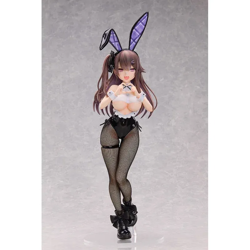 Mercury Memorial Bunny Figure from Azur Lane stands 48.5cm tall with purple bunny ears, black fishnet suit, long brown hair, and a playful pose.