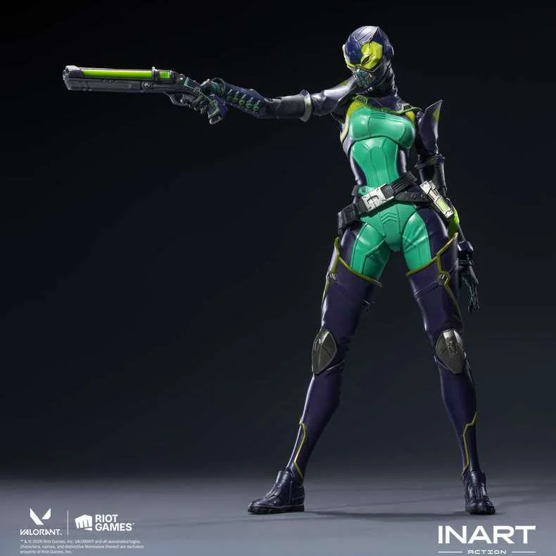 "Premium Valorant Viper INART figure, highly articulated. Detailed tactical combatant with vibrant chemical effects, interchangeable parts, and access."