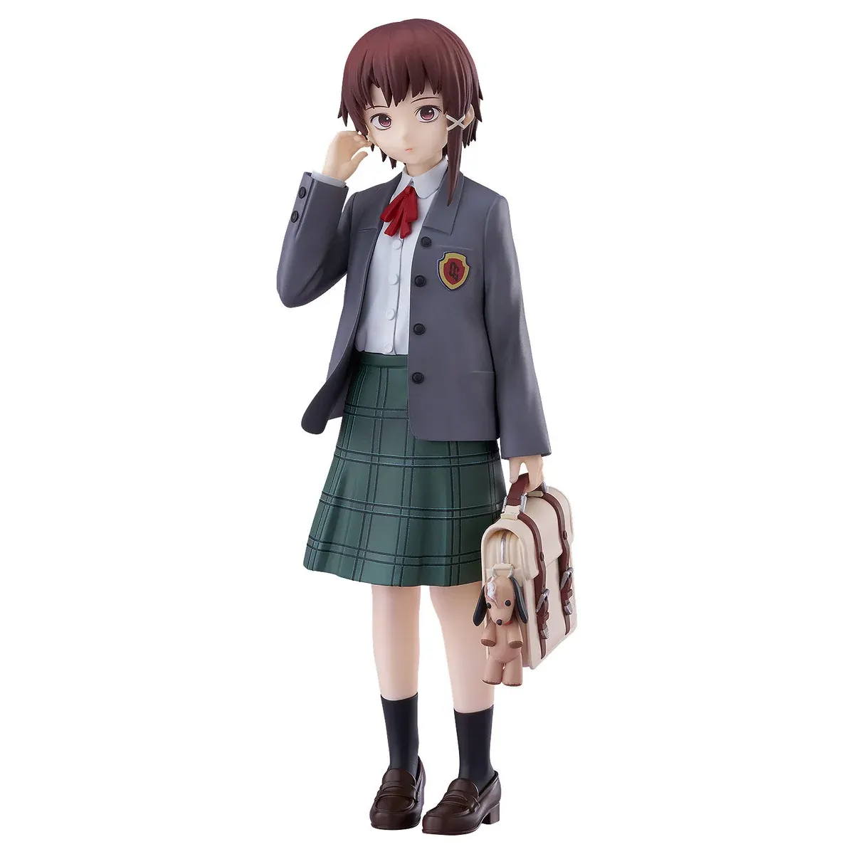 "Enigmatic Lain Iwakura POP UP PARADE statue by Good Smile Company, seated in her iconic school uniform, embodying digital introspection."
