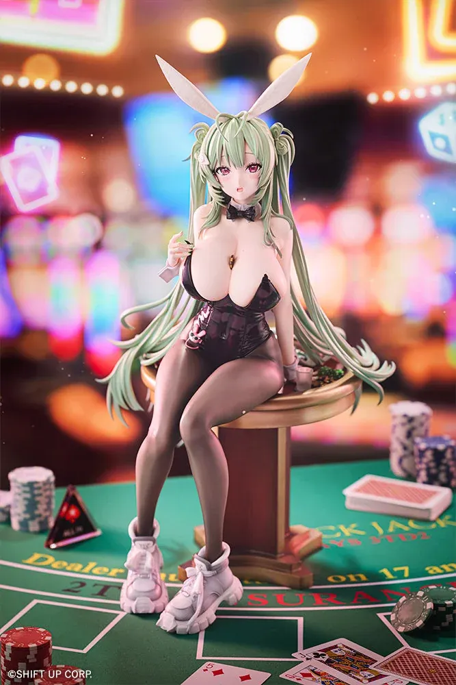 NIKKE Soda figure in a premium bunny suit with green twin-tails sits at a neon casino poker table as a dazzling centerpiece.