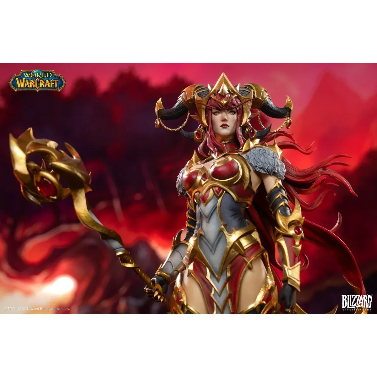 "Official Blizzard World of Warcraft Alexstrasza 1/6 statue from various angles, highlighting her majestic pose, fiery power, divine elegance."