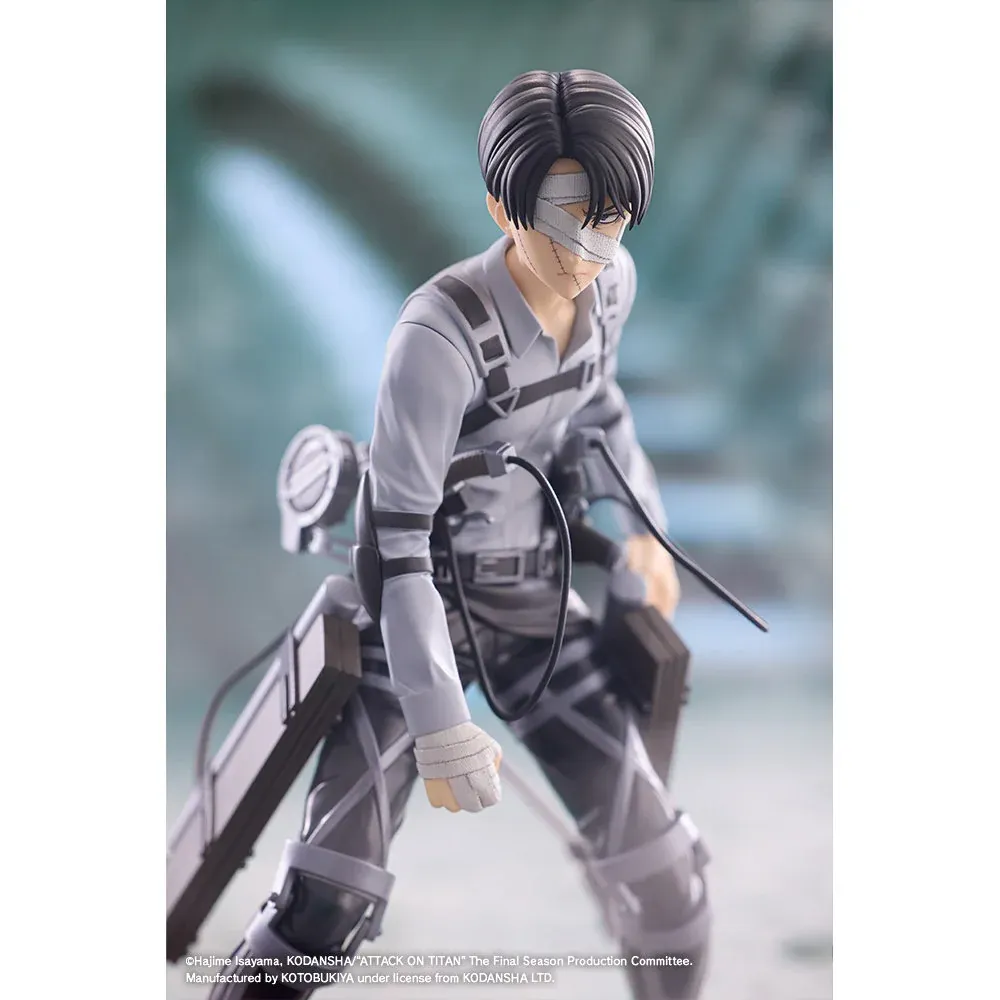 "Detailed view of the premium Kotobukiya Levi Ackerman Attack on Titan statue, emphasizing the intricate sculpting of his ODM gear and dynamic mid-air."