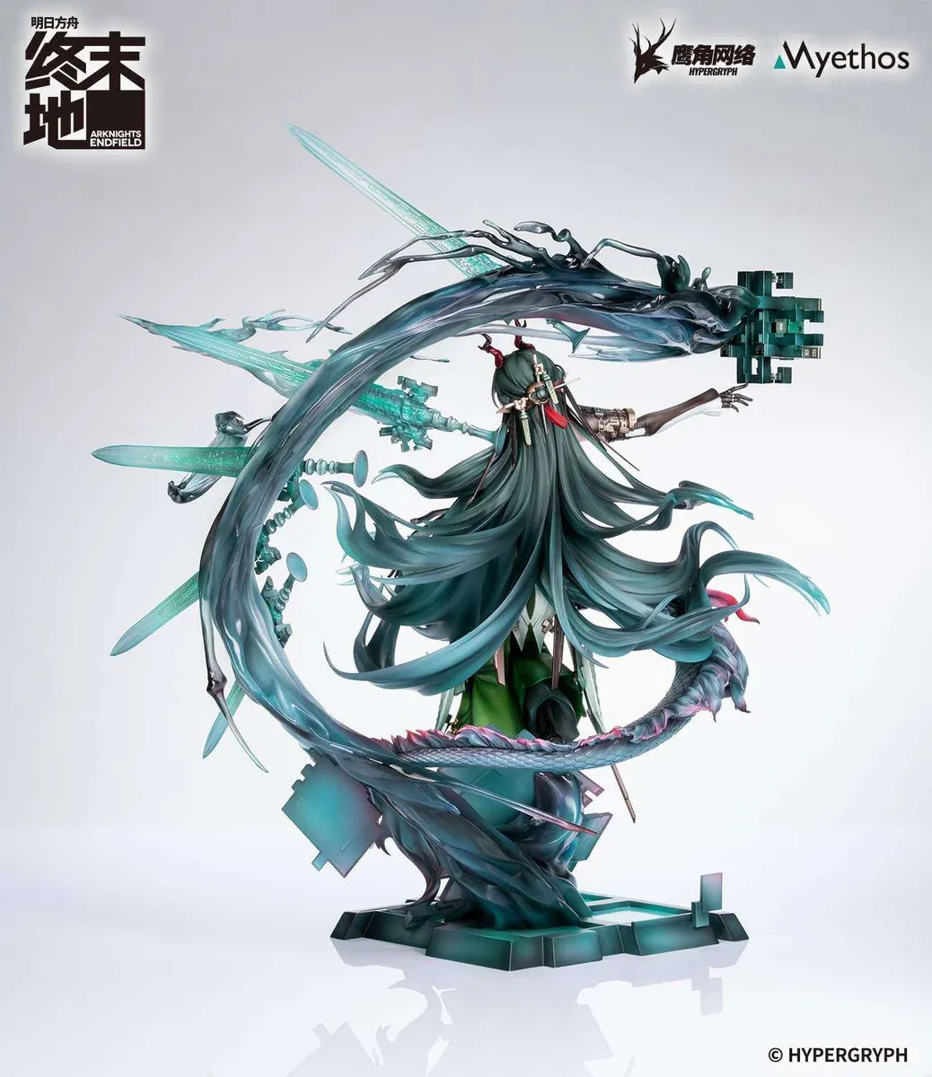 "Official Myethos 1/7 scale Zhuang Fangyi Arknights Endfield figure, showcasing intricate details of her futuristic attire, elegant staff, and dynamic."