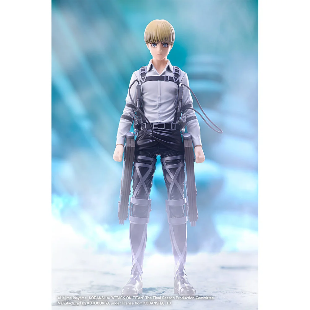 "Kotobukiya Attack on Titan Final Season Armin Arlert statue in a dynamic, determined pose amidst battle-worn scenery, capturing his fierce spirit."