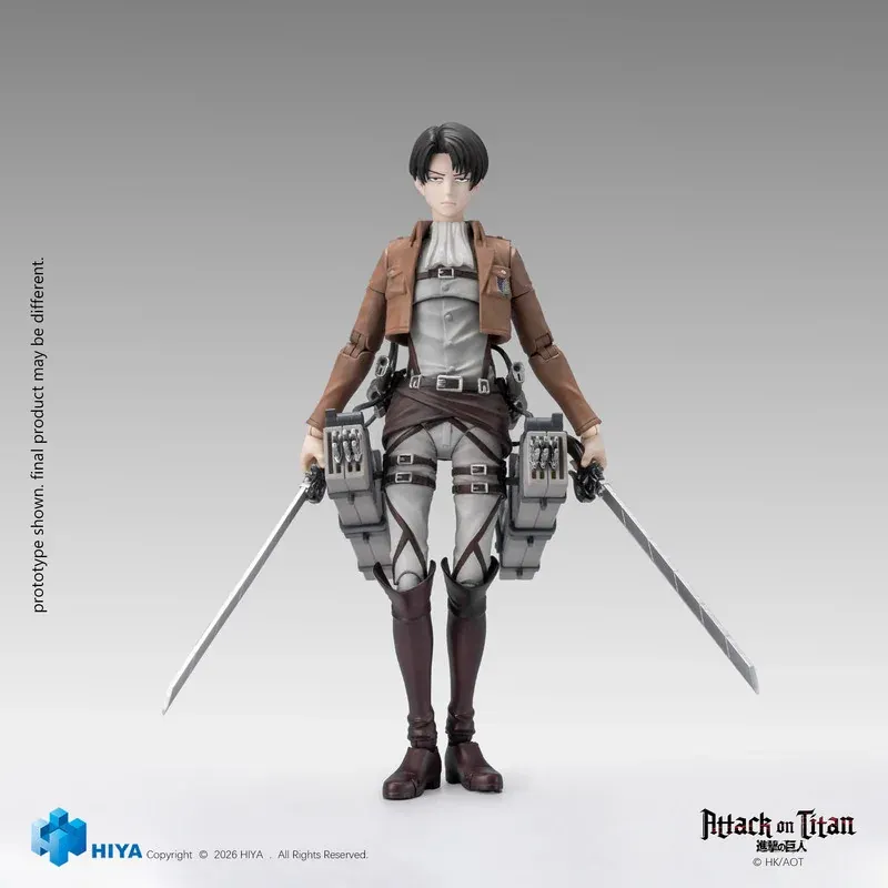 1/12 Levi Ackerman movable figure by HIYA Studio, Attack on Titan statue in Survey Corps uniform with full ODM gear and dual blades in a poised stance