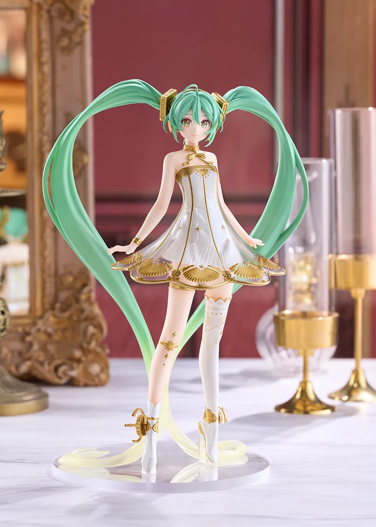"Iconic Hatsune Miku Symphony 2020 L-Size figure, elegant Miku in a vibrant orchestral gown, gracefully conducting. A premium collectible statue."