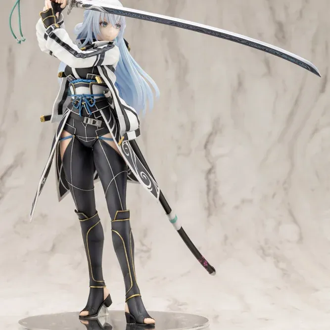 "Shizuna Rem Misurugi Figure, Kotobukiya Studio. Dynamic warrior statue, exquisite detail, flowing attire, weaponry."