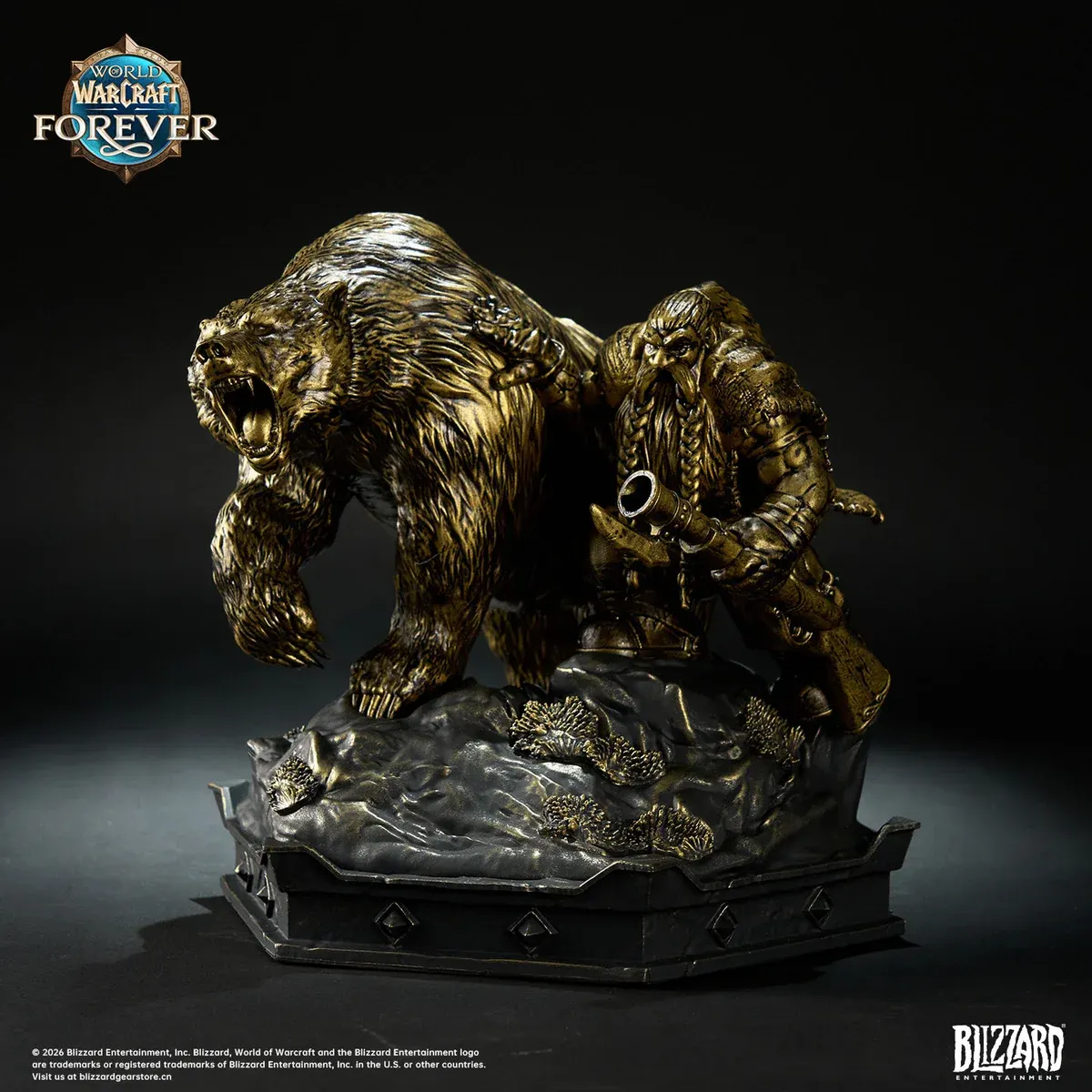 "Dynamic bronze-tone World of Warcraft Dwarf Hunter & Mighty Bear statue, a premium official Blizzard collectible."